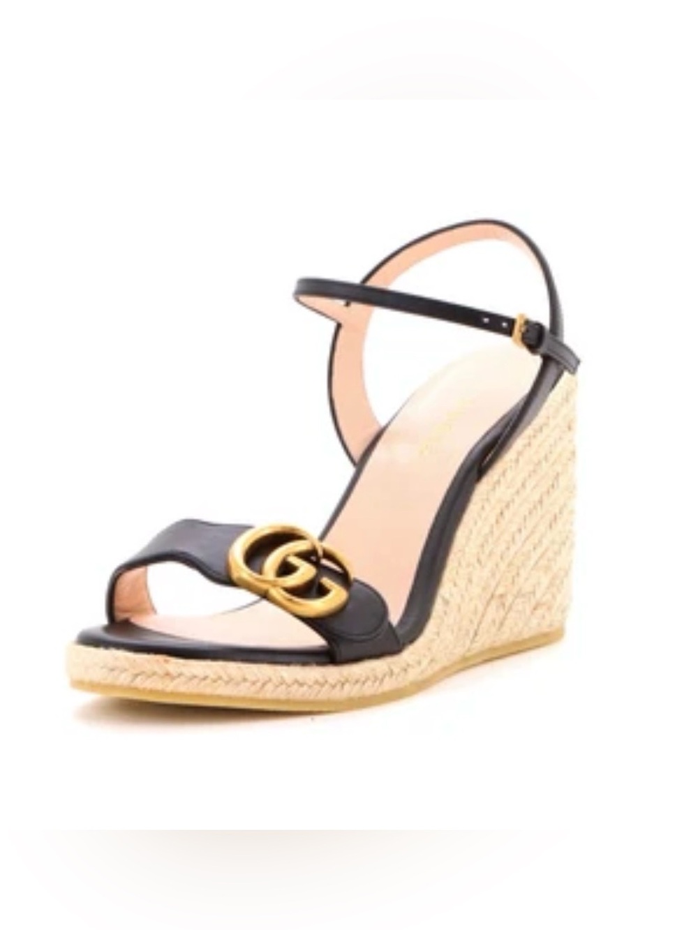 Gucci Black Leather Espadrille Wedge Sandals with Gold Double G - Size 37.5 EU